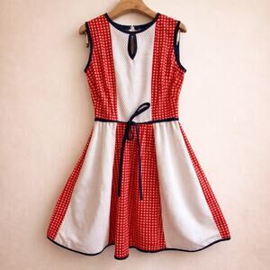 Vintage I Magnin 70s Patchwork Prairie Midi Dress Red White Blue Keyhole M